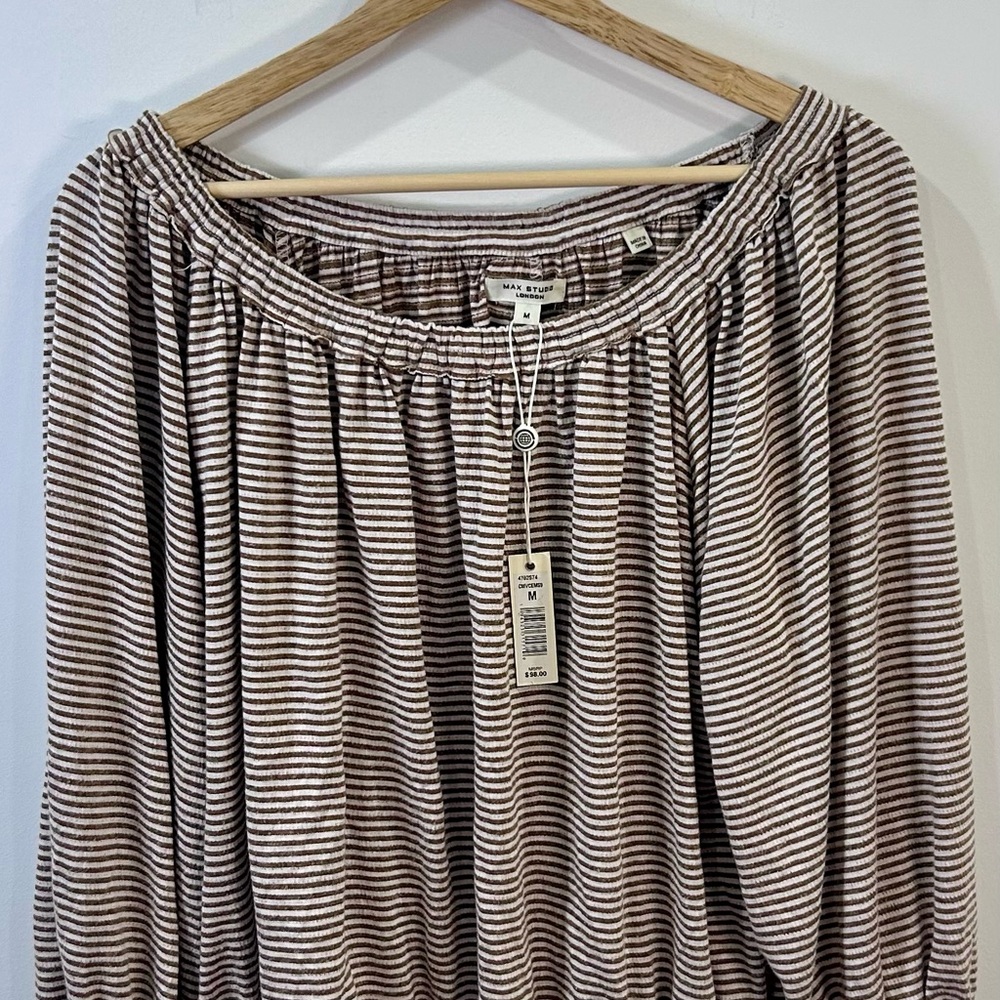 Max Studio Brown and White Smocked Blouse NWT Size Medium
